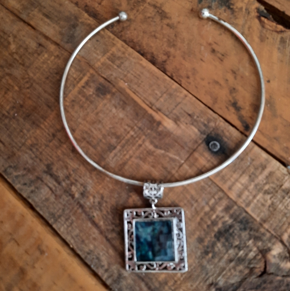 Choker necklace silver-tone aqua Faceted pendant square cabochon